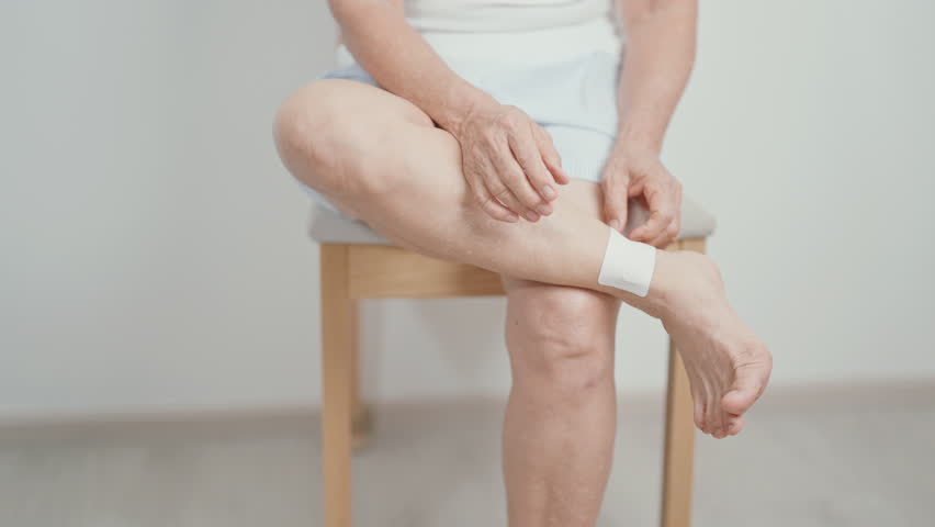 Elderly woman having leg pain with Medicated pain relief patch plaster for Ankle Sprains or Achilles Tendonitis and Shin Splints ache. injury, hyperuricemia disease, Gout and Senior Health care