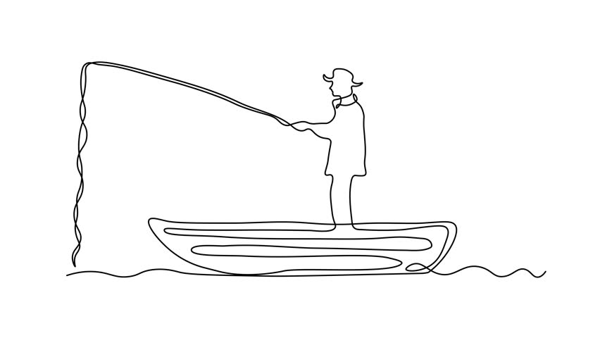 Abstract fisherman fishing with a fishing rod on a boat. Self drawing animation one continuous line draw, logo