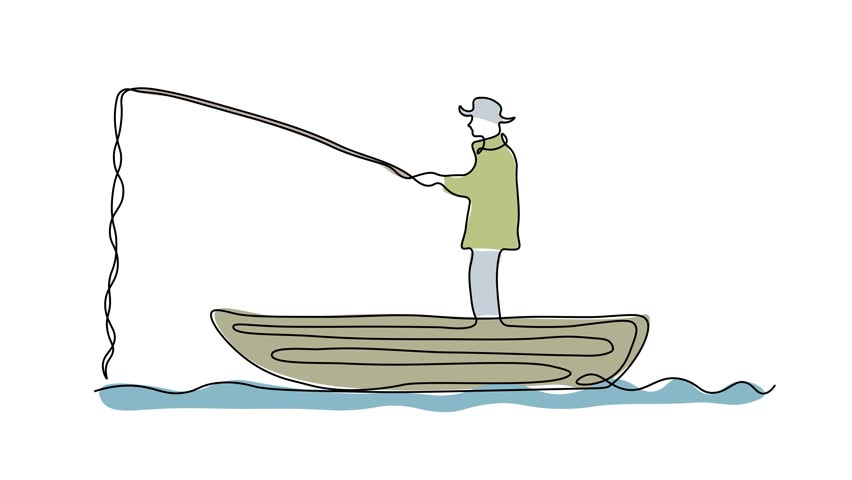 Abstract fisherman fishing with a fishing rod on a boat. Self drawing animation one continuous line draw, logo
