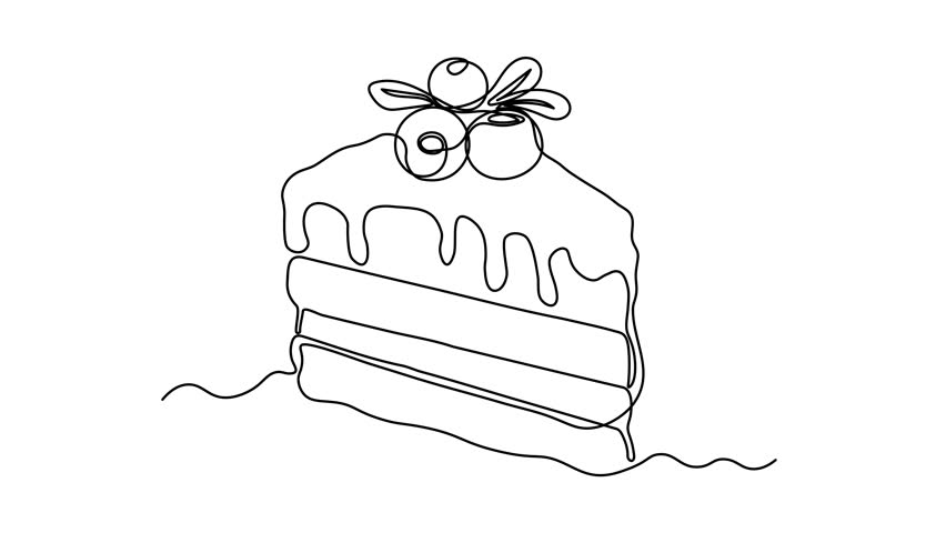 Dessert sweet piece of cake with cranberry berry, sweetness, Self drawing animation one continuous line draw, logo