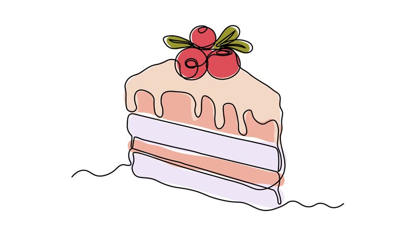 Dessert sweet piece of cake with cranberry berry, sweetness, Self drawing animation one continuous line draw, logo