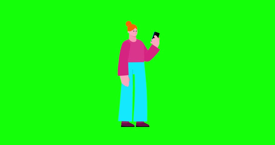 Animated woman with phone start walk short footsteps greenbox. Cartoon animation of businesswoman cute girl character female finger palm scroll gsm phone. Business video motion design explainer.