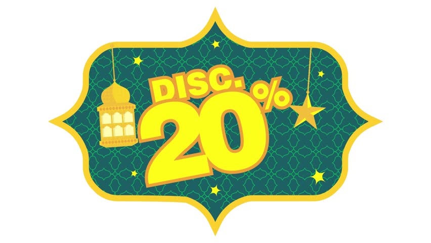 Dynamic 20% sale animation with gold lantern and stars, ideal for Muslim holidays.