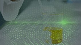 Gloved hand pipetting droplet into beaker while code stream and moving scan line visualizing data. Science, technology, innovation, experimentation, laboratory, data, precision - Powered by Shutterstock - Get 15% off with code: PIKWIZARD15