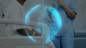 Patient leaning, nurse gesturing globe emerging showing cloud network healthcare data icons. Medical, telehealth, technology, connectivity, healthcare, innovation, digital - Powered by Shutterstock - Get 15% off with code: PIKWIZARD15