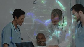 Center physician pointing laptop screen activating cloud gear icons over medical team linking data. Healthcare, digital, collaboration, innovation, technology, professionalism, hospital - Powered by Shutterstock - Get 15% off with code: PIKWIZARD15