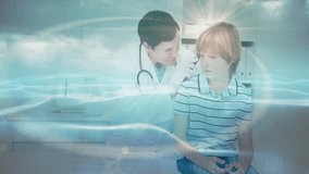 Doctor raising otoscope initiating digital waves drifting around boy ear for inspecting ear canal. Medical, healthcare, examination, pediatric, clinical, diagnostic, professional - Powered by Shutterstock - Get 15% off with code: PIKWIZARD15