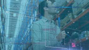 Warehouse specialist scanning shelf with tablet, initiating analysis and revealing bar chart data. Industrial, technology, data, logistics, management, analytics, workflow - Powered by Shutterstock - Get 15% off with code: PIKWIZARD15