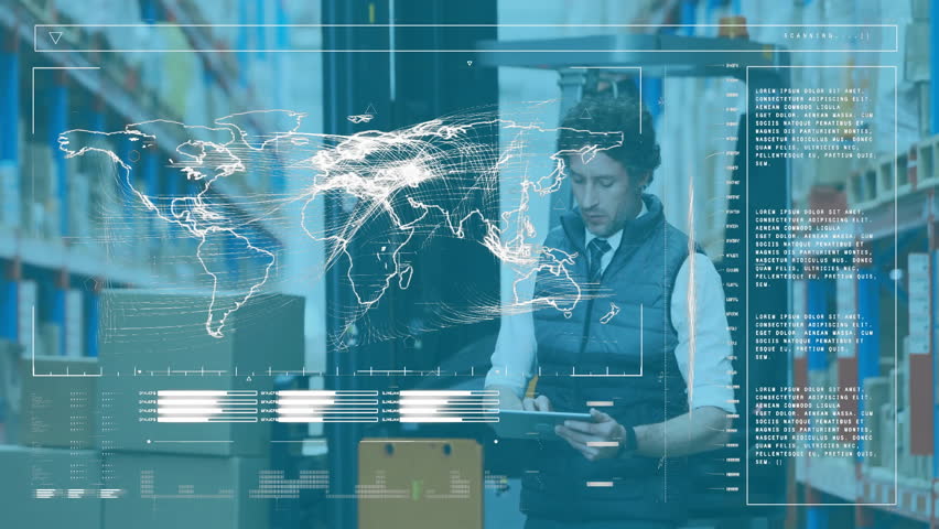 Warehouse operator riding forklift scanning shelves with tablet and initiating world map overlay. Logistics, automation, inventory, data visualization, supply chain, industrial, technology - Powered by Shutterstock - Get 15% off with code: PIKWIZARD15