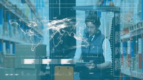 Warehouse operator riding forklift scanning shelves with tablet and initiating world map overlay. Logistics, automation, inventory, data visualization, supply chain, industrial, technology - Powered by Shutterstock - Get 15% off with code: PIKWIZARD15