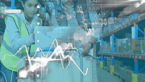 Warehouse woman scanning box label with scanner activating data graphs with coworker guiding. Industry, logistics, automation, technology, teamwork, efficiency, industrial - Powered by Shutterstock - Get 15% off with code: PIKWIZARD15