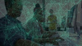 Network overlay fading, call center team handling calls via headsets, supervisor checking tablet. Collaboration, technology, teamwork, office, communication, digital, professional - Powered by Shutterstock - Get 15% off with code: PIKWIZARD15