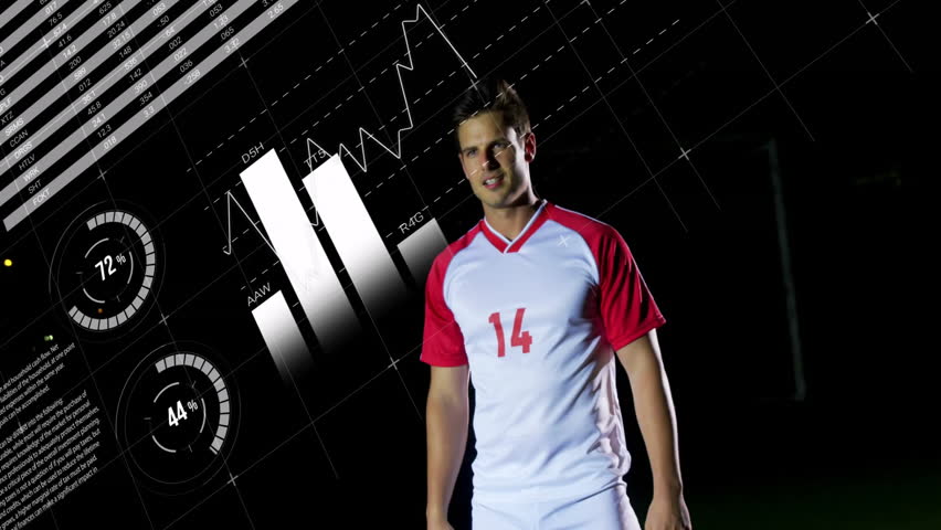 Soccer player standing studio showing stats with animated chart after ball dropping heading ball. Athlete, performance, analytics, digital, energized, motion, strategic