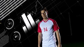 Soccer player standing studio showing stats with animated chart after ball dropping heading ball. Athlete, performance, analytics, digital, energized, motion, strategic - Powered by Shutterstock - Get 15% off with code: PIKWIZARD15