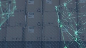 Glowing green network emerging from right edge linking supply-chain icons over boxes showing flow. Technology, logistics, connectivity, analytics, innovation, distribution, automation - Powered by Shutterstock - Get 15% off with code: PIKWIZARD15