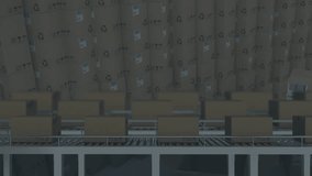 After boxes sliding on metal conveyor charts appearing oscillating with updating stock tickers. Industrial, logistics, analytics, data visualization, supply chain, automation, business - Powered by Shutterstock - Get 15% off with code: PIKWIZARD15