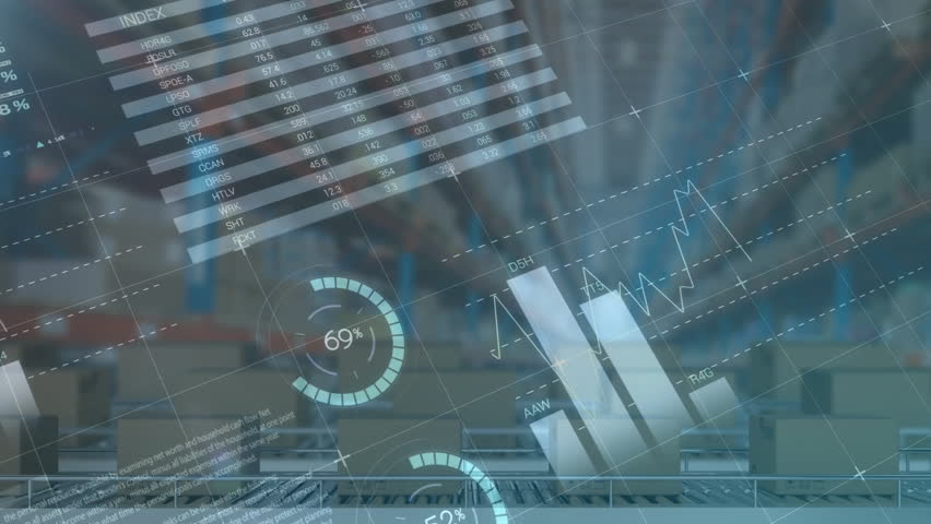 Warehouse shot launching analytics overlay pulsing rings and rising charts visualizing supply flow. Logistics, supply chain, data visualization, industrial, efficiency, technology, automation - Powered by Shutterstock - Get 15% off with code: PIKWIZARD15