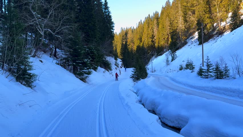 Holmenkollen Toppsesteret Skimore Oslo Norway Norge Frognerseteren Cross Country skiing trail path skiers gliding skating late afternoon arctic golden hour sunset river creek shaded area follow