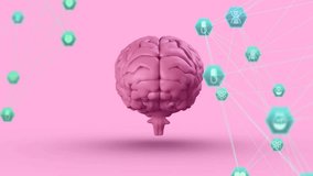 Upon green icons appearing, pink brain rotating clustering and linking icons for network mapping. Neuroscience, digitalart, futuristic, innovation, connectivity, healthcare, technology - Powered by Shutterstock - Get 15% off with code: PIKWIZARD15