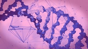 Upon nodes connecting, purple 3D render DNA helix rotating sliding data panels for visualization. Molecule, biomolecular, scientific, futuristic, technological, digital, data-driven - Powered by Shutterstock - Get 15% off with code: PIKWIZARD15