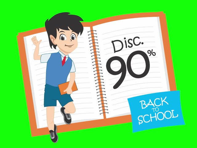 90% Off School Sale Animation- Back to School Promo. Final clearance school promo animation with 90% discount and kid character.