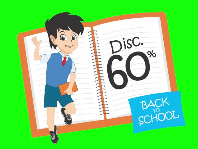 Colorful animated back-to-school promo featuring a cheerful boy, open notebook, and a 60% discount. Perfect for marketing school supplies and education-related campaigns.