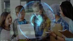 Teenage student opening laptop revealing globe with spiraling rings for learning. Collaboration, education, innovation, futuristic, technology, teamwork, youth - Powered by Shutterstock - Get 15% off with code: PIKWIZARD15