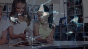 Three girls in library flipping pages causing hologram globe rotating above book exploring content. Collaboration, education, technology, innovation, youth, learning, teamwork - Powered by Shutterstock - Get 15% off with code: PIKWIZARD15
