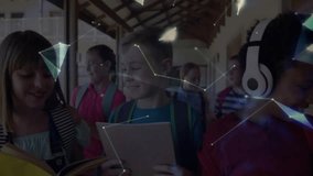 Children walking hallway reading books, with polygons drifting forming rotating globe for education. Youth, education, technology, connectivity, collaboration, learning, digital - Powered by Shutterstock - Get 15% off with code: PIKWIZARD15