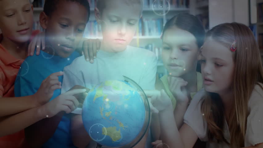 Students spinning globe in library, holographic arcs tracing connections to explore geography. Education, collaboration, digital, innovation, childhood, exploration, interactive - Powered by Shutterstock - Get 15% off with code: PIKWIZARD15