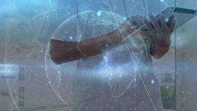 Female doctor tapping tablet and adjusting digital globe overlay, generating charts for diagnosis. Futuristic, technology, healthcare, digital, innovation, professional, data visualization - Powered by Shutterstock - Get 15% off with code: PIKWIZARD15