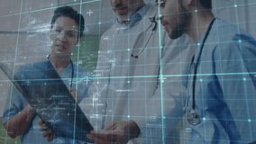 Female clinician tapping tablet to prompt team scrolling patient chart with blue grid overlay. Medical team, collaboration, healthcare, technology, digital interface, clinical, professionalism - Powered by Shutterstock - Get 15% off with code: PIKWIZARD15