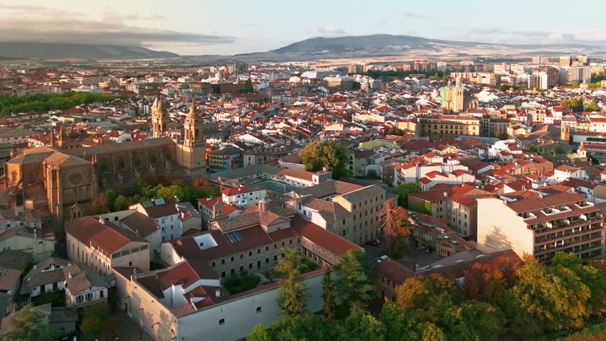 Aerial view of Pamplona at sunrise, the capital of Navarre in northern Spain. Stunning cityscape of the historic old town on a summer morning.