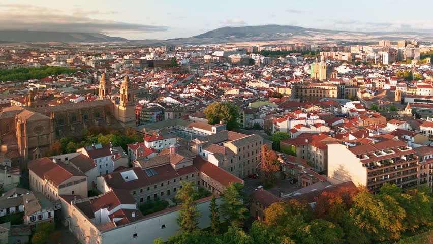 Aerial view of Pamplona at sunrise, the capital of Navarre in northern Spain. Stunning cityscape of the historic old town on a summer morning.