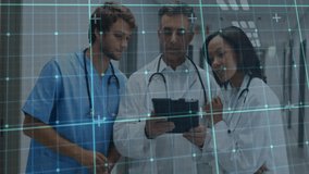 Junior doctor tapping tablet guiding senior doctor through patient data with AR overlay. Medical, collaboration, futuristic, healthcare, technology, diagnostic, teamwork - Powered by Shutterstock - Get 15% off with code: PIKWIZARD15