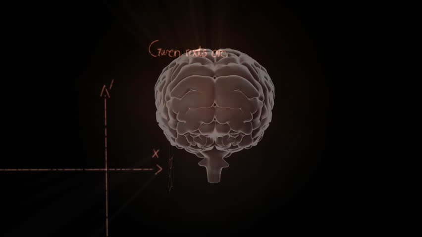 Opening dark void showing 3D brain rotating while math formulas appearing showing calculations. Neuroscience, education, visualization, data, annotation, technology, innovation