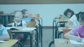 Teacher handing school task starting kids reading and writing as data overlay scrolling over desks. Classmates, education, learning, emphasis, study, concentration, analysis - Powered by Shutterstock - Get 15% off with code: PIKWIZARD15