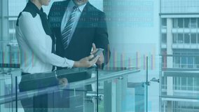 woman swiping smartphone to colleague at glass balcony railing, studying animated financial charts. Corporate, teamwork, modern, analytical, data, collaboration, business - Powered by Shutterstock - Get 15% off with code: PIKWIZARD15