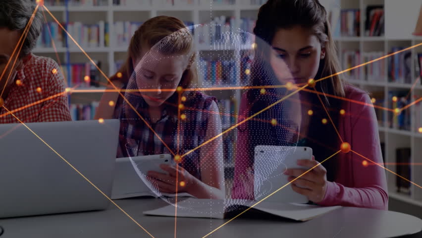 Teacher glancing at students taking notes and guiding library study through animated network data. Collaboration, mentorship, digital learning, education, technology, academic, innovation - Powered by Shutterstock - Get 15% off with code: PIKWIZARD15