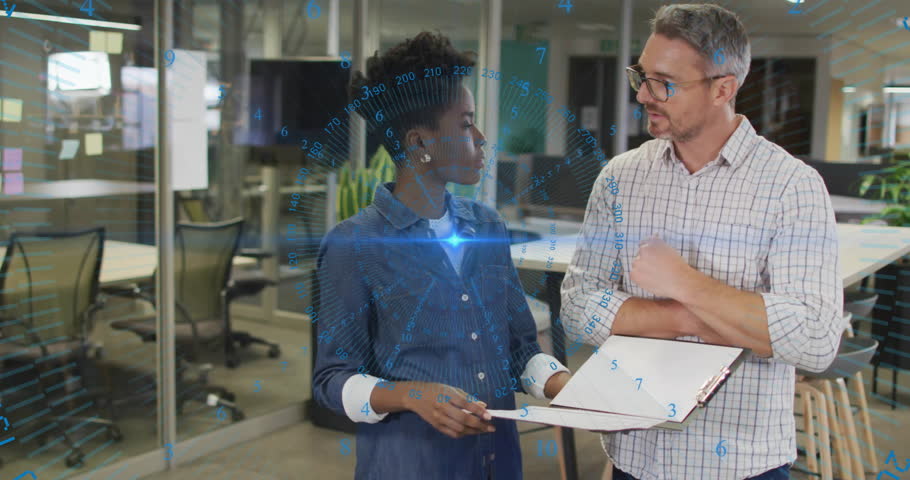 Business colleagues with clipboard initiating data overlay while flipping page clarifying points. Collaboration, teamwork, innovation, technology, corporate, modern, professional