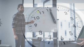 Presenter gesturing at whiteboard starting clock overlay in business meeting and answering question. Collaboration, brainstorm, innovation, teamwork, productivity, communication, seminar - Powered by Shutterstock - Get 15% off with code: PIKWIZARD15