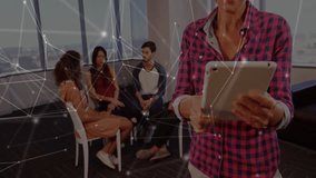 Mature woman tapping tablet upon overlay appearing, guiding animated lines toward it for business. Collaboration, teamwork, digital, innovation, workplace, modern, communication - Powered by Shutterstock - Get 15% off with code: PIKWIZARD15