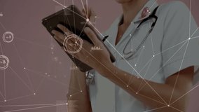 female medical professional tapping tablet screen and displaying patient data with animated network. Healthcare, digital technology, telemedicine, professional, innovation, data analytics, - Powered by Shutterstock - Get 15% off with code: PIKWIZARD15