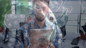 Mentor tapping tablet and showing animated network overlay while guiding students in tech lab. Education, technology, innovation, digital, collaboration, learning, futuristic - Powered by Shutterstock - Get 15% off with code: PIKWIZARD15