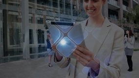 Businesswoman tapping tablet and activating holographic grid interface in urban plaza tech demo. Futuristic, technology, innovation, collaboration, connectivity, urban, sleek - Powered by Shutterstock - Get 15% off with code: PIKWIZARD15