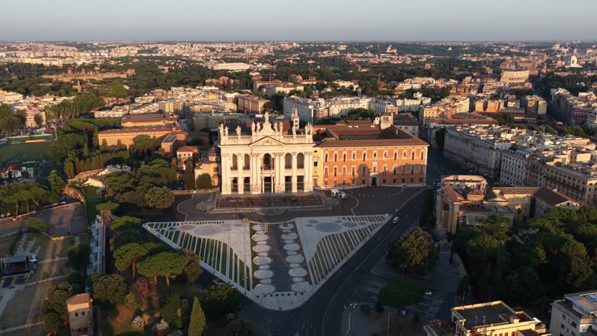 The Basilica of San Giovanni in Laterano and the statues of the saints. Rome, Italy.
Aerial view of the statues of the saints on the roof of the Basilica of San Giovanni in Laterano in Rome.