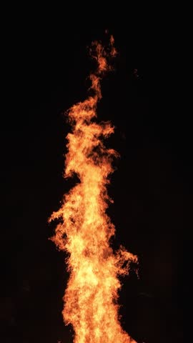 Tall Fire Flame on Black Background, Vertical Burning, Slow Motion