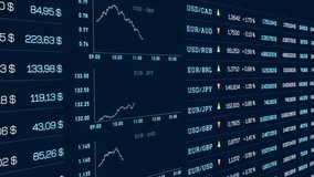 Currency exchange rates, falling Euro to US dollar rate and chart. British pound, Swiss franc, Japanese yen exchange rates, stock market, Trading board, market data, percentage changes. 3D animation  - Powered by Shutterstock - Get 15% off with code: PIKWIZARD15