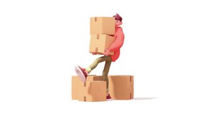 3d animation of funny сasual delivery guy in fashion clothes red hoodie, green jeans, brown sneakers, carries heavy cardboard boxes in his hands, balances on one leg over parcel on white background. - Powered by Shutterstock - Get 15% off with code: PIKWIZARD15