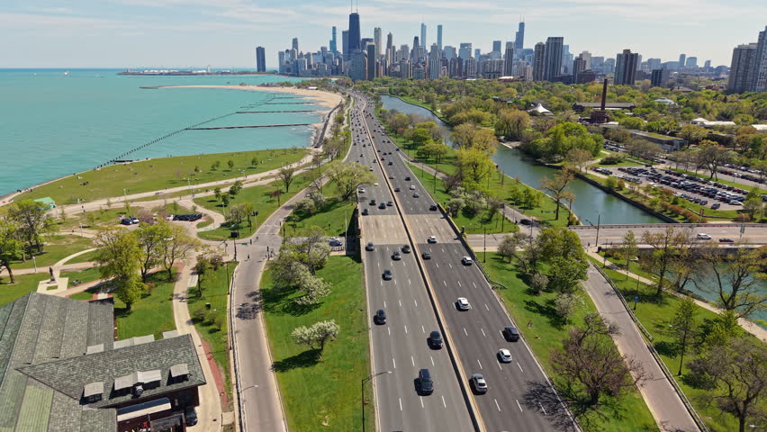 Aerial View of Chicago USA, Lake Shore Drive Traffic, Downtown Towers and Lake Michigan From Lincoln Park